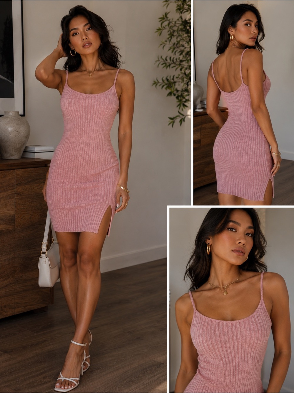 Pink Ribbed Knit Slip Dress with Side Slit